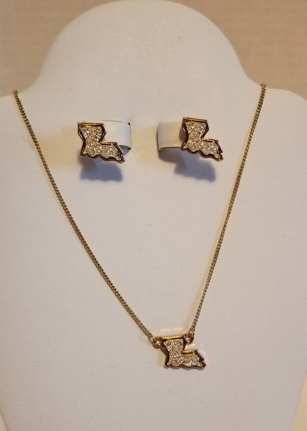 Gold Louisiana Pendant Necklace and earring set