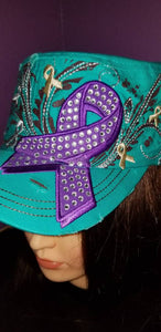 Turquoise and Purple Awareness distressed hat