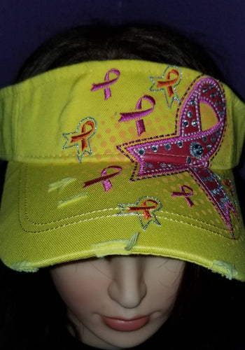 Yellow and Pink Breast Cancer Awareness distressed sun visor