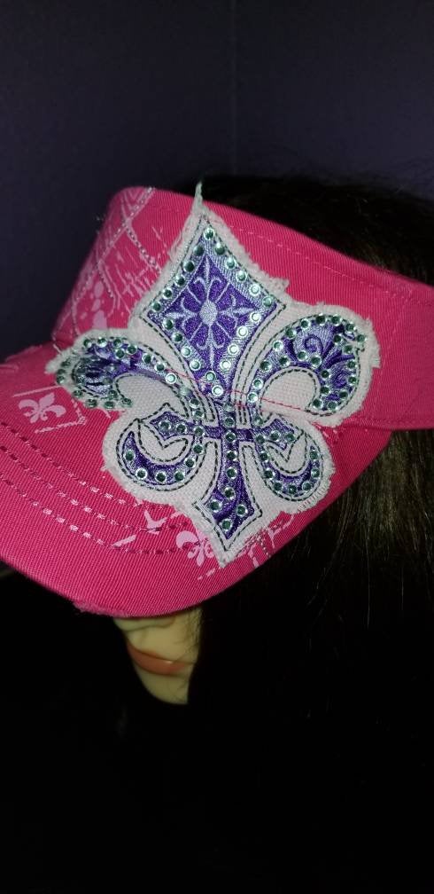 Pink and Purple Fleur De Lis distressed sun visor