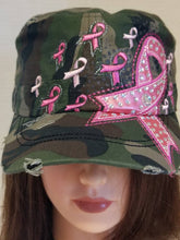 Load image into Gallery viewer, Camouflage and Pink Breast Cancer Awareness distressed hat