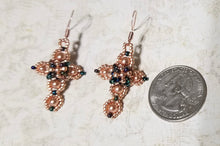 Load image into Gallery viewer, Petite Rose Gold Cross earrings with Austrian glass pearls