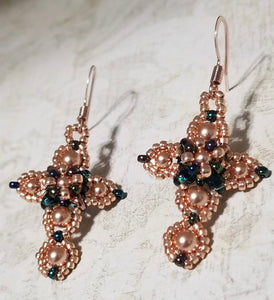 Petite Rose Gold Cross earrings with Austrian glass pearls